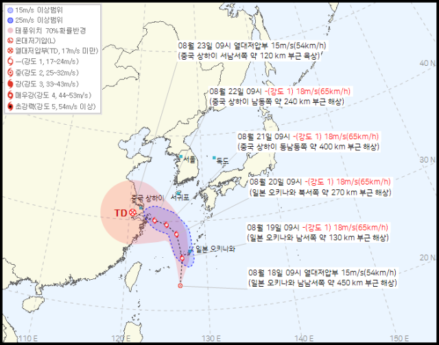 기상청 18일 오전 11시 발표 28호 열대저압부(12호 태풍 링링 발달 전망) 예상경로
