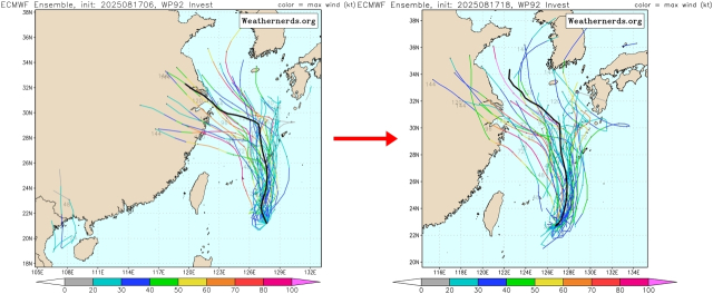 유럽중기예보센터(ECMWF) 앙상블(Ensemble) 모델 감시 92W 열대요란(12호 태풍 링링 발달 가능성) 예상경로 수정