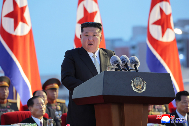 김정은 북한 국무위원장이 지난 14일 평양 개선문광장에서 열린 조국해방(광복) 80주년 경축대회에 참석해 연설을 했다고 조선중앙통신이 15일 보도했다. [국내에서만 사용가능. 재배포 금지. For Use Only in the Republic of Korea. No Redistribution] 연합뉴스
