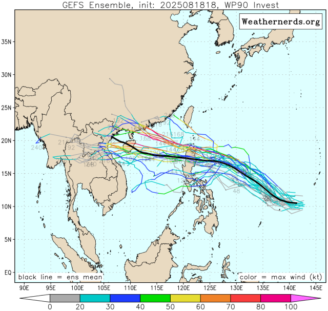 다중앙상블(GEFS) 모델 감시 90W 열대요란 예상경로