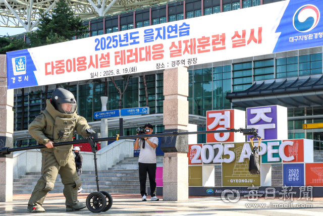 19일 경주역에서 열린 을지 프리덤 실드(UFS) 2025 연습의 일환으로 진행된 폭발물·화학테러 공격 대응 훈련에서 육군 장병들이 테러범 진압 기동훈련을 펼치고 있다. 11개 기관에서 합동으로 진행한 이번 훈련은 오는 10월 열리는 