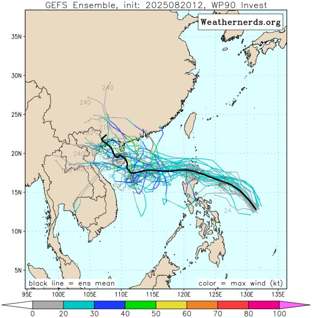 다중앙상블(GEFS) 모델 감시 90W 열대요란(13호 태풍 가지키 발달 가능성) 예상경로