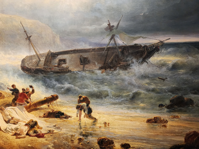 [바위 해안의 난파선(1837년)]. 바이난트 뇌이언. 19세기 네덜란드 낭만주의 미술의 대표작 가운데 하나다. 자연 앞에 한없이 미약한 인간을 격정적으로 묘사했다. 암스테르담 국립 미술관.
