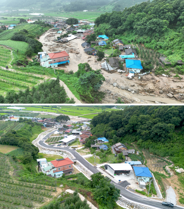 2023년 예천 산사태 피해로 마을 주민 2명이 실종돼 현재까지도 찾지 못하고 있는 감천면 벌방리 마을을 찾은 지난 13일 복구된 마을 모습(아래) 과 산사태 당시 처참했던 마을 모습.(위) 안성완 기자 asw0727@imaeil.com