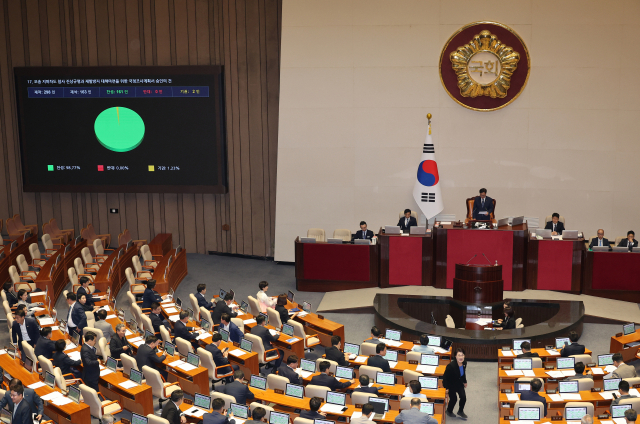 27일 서울 여의도 국회 본회의에서 오송 지하차도 참사 진상규명과 재발방지 대책마련을 위한 국정조사계획서 승인의 건이 가결되고 있다. 연합뉴스