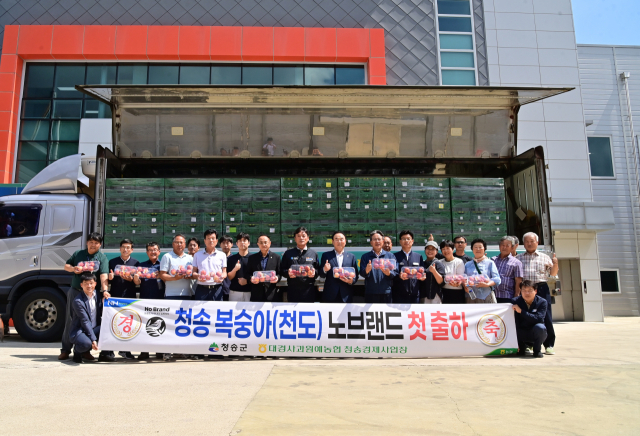 27일 청송 복숭아가 노브랜드 전국 매장에 처음으로 납품됐다. 이와 관련 대경사과원예농협 청송경제사업장에서 윤경희 청송군수와 김종두 청송농협 조합장, 윤영경 청송송 복숭아가 노브랜드 전국 매장에 처음으로 납품됐다. 이와 관련 대경사과원예농협 청송경제사업장에서 윤경희 청송군수와 김종두 청송농협 조합장, 윤영경 청송군의회 부의장, 농민 등이 기념촬영을 했다. 청송군 제공