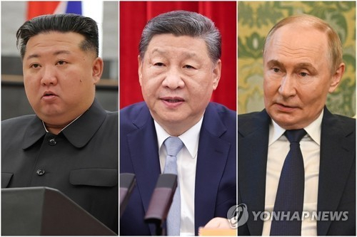 3일 중국 전승절 기념식에서 만나게 될 김정은 북한 국무위원장, 시진핑 중국 국가 주석, 푸틴 러시아 대통령. 연합뉴스