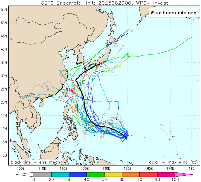 다중앙상블(GEFS) 모델 감시 94W 열대요란(15호 태풍 페이파 또는 16호 태풍 타파 발달 가능성) 예상경로