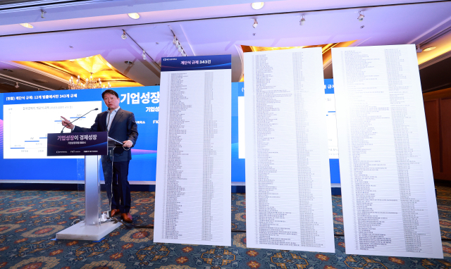 최태원 대한상공회의소 회장이 4일 서울 중구 롯데호텔 사파이어볼룸에서 대한상의·한국경제인협회·한국중견기업연합회가 연 기업성장포럼 출범식에 참석해 기조연설하고 있다. 연합뉴스