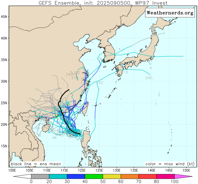 다중앙상블(GEFS) 모델 감시 97W 열대요란(16호 태풍 타파 발달 가능성) 예상경로