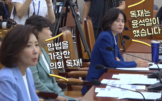 국회 법제사법위원회 제1소위원회가 5일 개최한 입법청문회에서 증인 채택을 둘러싼 논란이 불거지며, 국민의힘 의원들이 집단 퇴장하는 사태가 벌어진 가운데 나경원 의원과 박은정 의원이 설전을 벌이는 모습. 미디어오늘