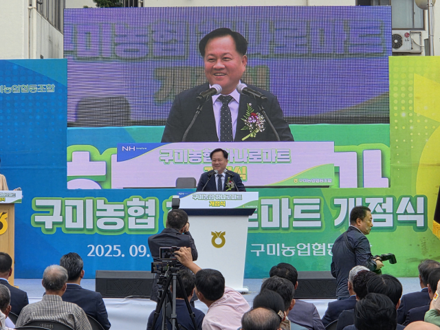 이전광 구미농협 조합장이 10일 열린 하나로마트 개점식에서 인사말을 하고 있다. 조규덕기자