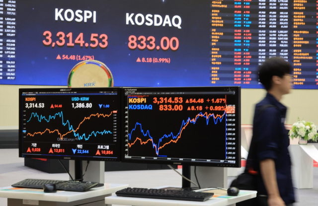 코스피가 사상 최고치를 경신한 10일 서울 여의도 KRX한국거래소에서 한 시민이 대형 전광판 앞을 지나고 있다. 연합뉴스