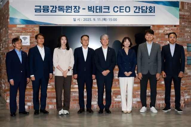 왼쪽부터 이종오 금융감독원 디지털IT 부원장보, 박대준 쿠팡 대표, 정신아 카카오 대표, 송치영 소상공인연합회장, 이찬진 금융감독원장, 최수연 네이버 대표, 이승건 비바리퍼블리카(토스) 대표, 김범석 우아한형제들(배민) 대표. 금감원