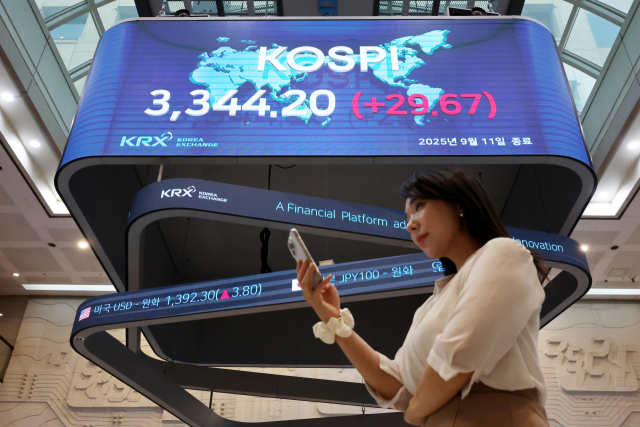 이재명 대통령의 취임 100일인 11일 전장보다 29.67포인트(0.90%) 오른 3,344.20으로 거래를 마치며 최고치를 기록한 코스피 종가가 서울 여의도 한국거래소 현황판에 표시돼있다. 지수는 22.07포인트 오른 3,336.60으로 문을 연 직후 3,344.70까지 치솟으며, 전날 기록한 장중 사상 최고치(3,317.77) 역시 큰 폭으로 뛰어넘었다. 연합뉴스