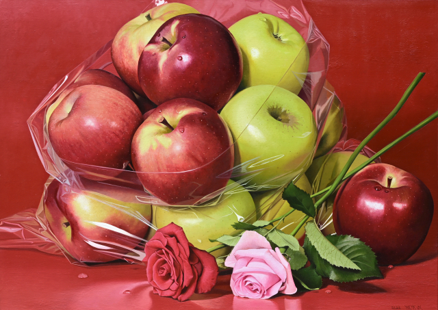 민경숙, 주머니- 장미와 사과, 100x72.8cm