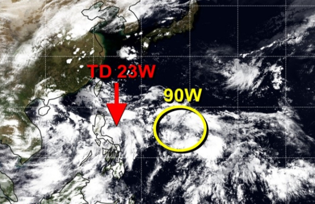 미국 합동태풍경보센터(JTWC, Joint Typhoon Warning Center) 감시 TD 23W(37호 열대저압부, 17호 태풍 미탁 발달 전망), 90W 열대요란(18호 태풍 라가사 발달 가능성). JTWC 홈페이지