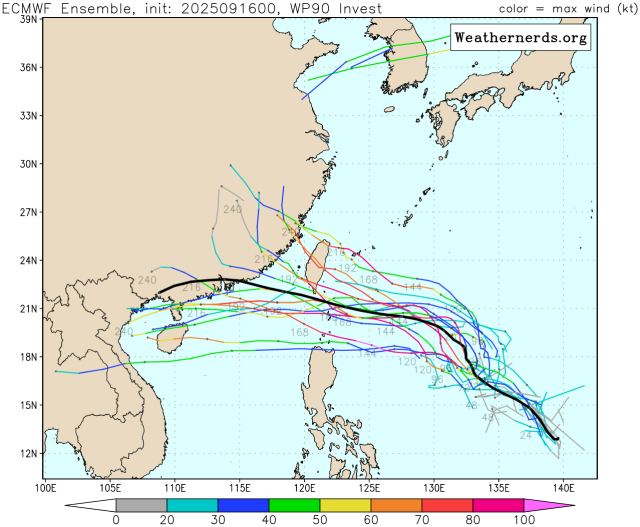 유럽중기예보센터(ECMWF) 앙상블(Ensemble) 모델 90W 열대요란(18호 태풍 라가사 발달 가능성) 예상경로