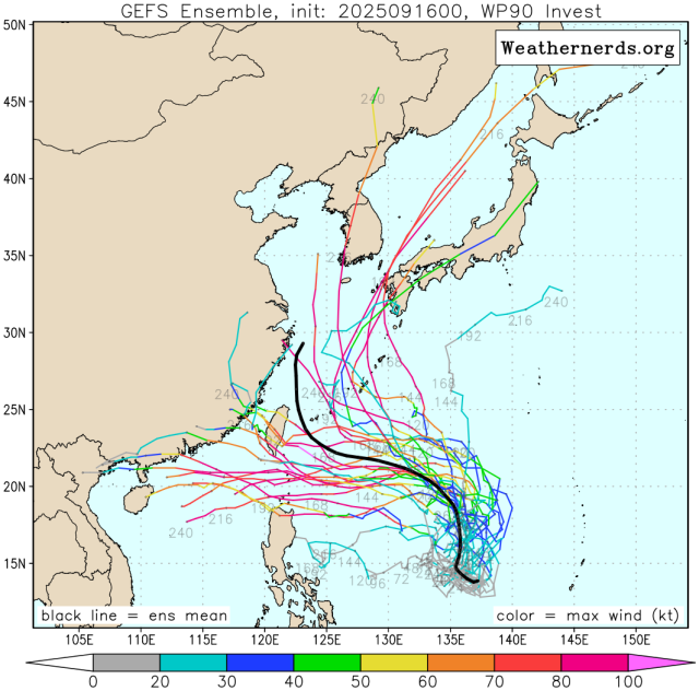 다중앙상블(GEFS) 모델 90W 열대요란(18호 태풍 라가사 발달 가능성) 예상경로