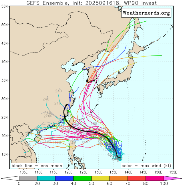 다중앙상블(GEFS) 모델 90W 열대요란(18호 태풍 라가사 발달 가능성) 예상경로