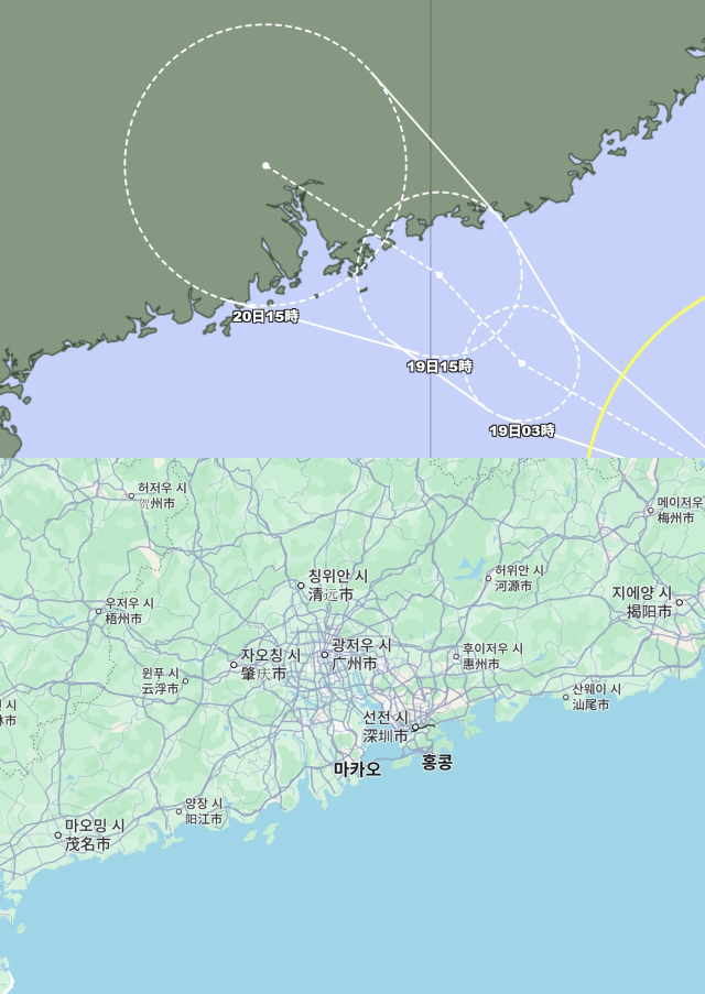 (위)일본기상청 18일 오후 3시 발표 17호 태풍 미탁 예상경로 (아래)구글맵