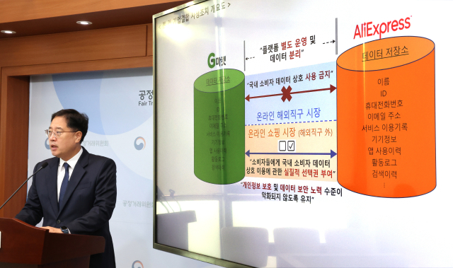 공정거래위원회 이병건 기업거래결합심사국장이 18일 정부세종청사 공정위 기자실에서 기업집단 신세계와 중국 알리바바 그룹이 합작회사를 설립해 지마켓과 알리익스프레스코리아를 공동으로 지배하는 기업결합을 심사한 결과, 국내 온라인 해외직구 시장에서 경쟁을 제한할 우려가 크다고 보고 지마켓과 알리익스프레스 간 국내 소비자 정보를 차단하는 것을 조건으로 기업결합을 승인했다고 밝히고 있다. 연합뉴스
