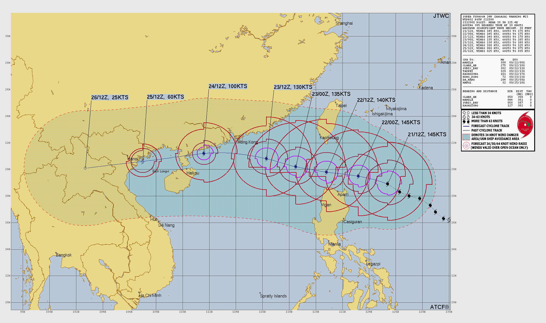 미국 합동태풍경보센터(JTWC, Joint Typhoon Warning Center) 18호 태풍 라가사 예상경로