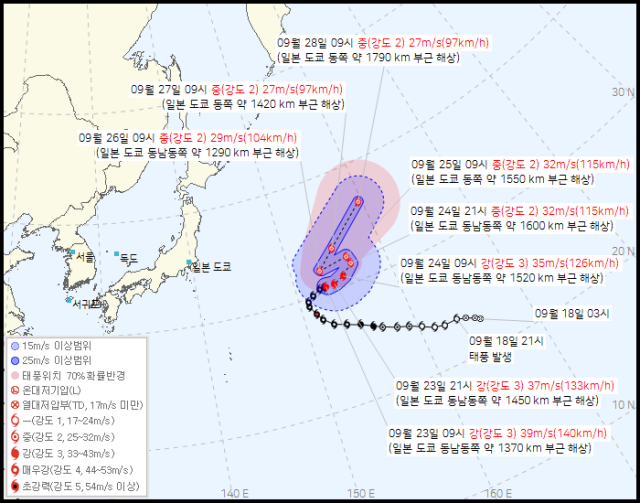 기상청 23일 오전 10시 30분 발표 19호 태풍 너구리 예상경로