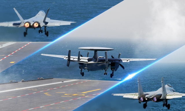 중국 항모 푸젠함의 J-35·J-15T·KJ-600 출격 시험. 중국 글로벌타임스 캡처