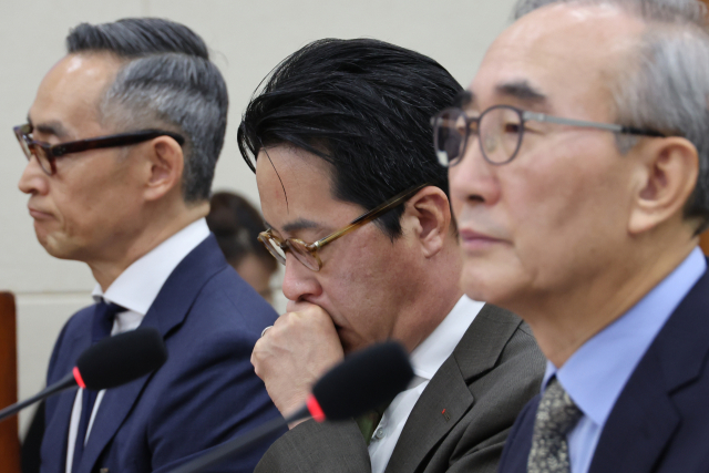 김영섭 KT 대표이사와 조좌진 롯데카드 대표이사가 24일 국회 과학기술정보방송통신위원회에서 열린 통신·금융 대규모 해킹사고에 대한 청문회에서 위원 질의를 듣고 있다. 연합뉴스