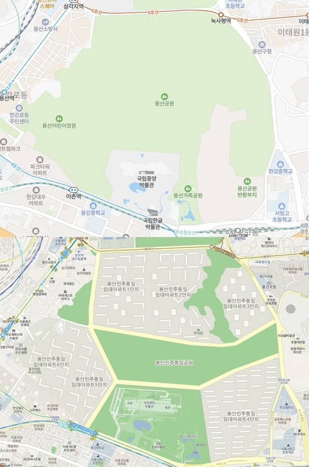 현재 용산공원 인근 녹지 분포도(위)와 