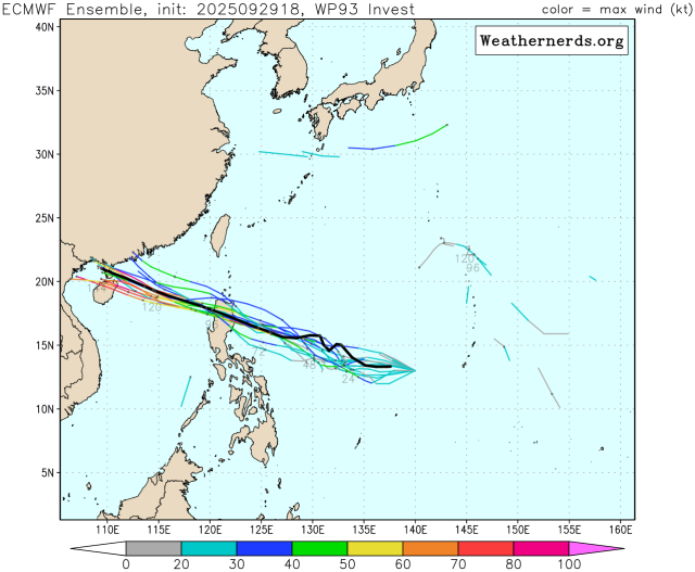유럽중기예보센터(ECMWF) 앙상블(Ensemble) 모델 93W 열대요란(21호 태풍 마트모 발달 가능성) 예상경로
