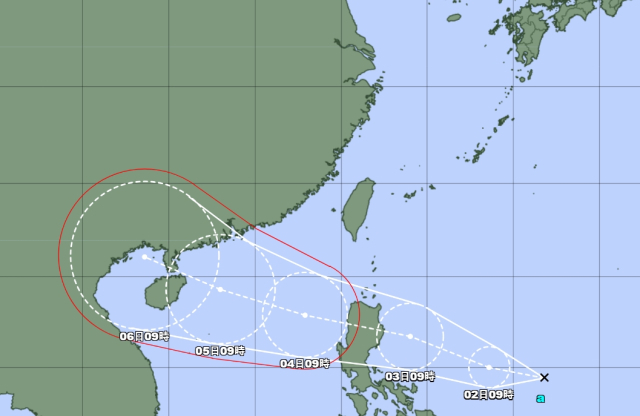 일본기상청 10월 1일 오전 9시 발표 열대저압부a(21호 태풍 마트모 발달 전망) 예상경로