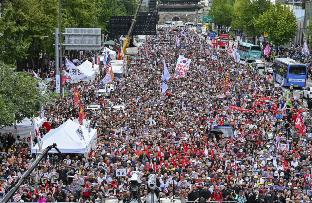 9월 28일 서울 중구 숭례문 인근 세종대로에서 국민의힘 사법파괴 입법독재 국민 규탄대회가 열리고 있다. 연합뉴스
