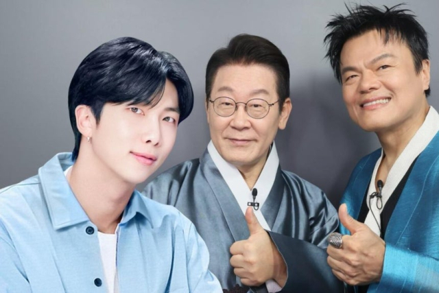 이재명 대통령이 1일 경기 고양 킨텍스 2전시장에서 열린 대중문화교류위원회 출범식에서 박진영 공동위원장과 함께 방탄소년단(BTS) 멤버 RM 프레임을 배경으로 사진을 촬영했다. 이재명 대통령 SNS 갈무리