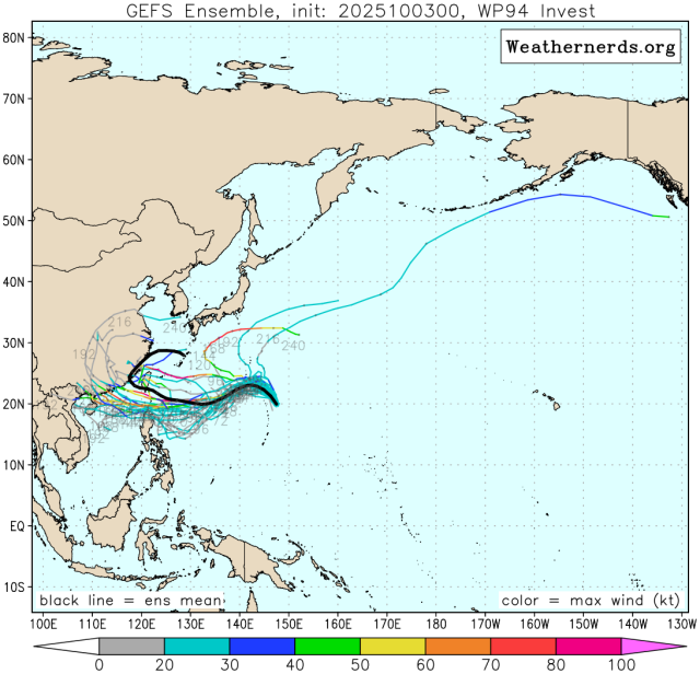 다중앙상블(GEFS) 모델 94W 열대요란(22호 태풍 할롱 발달 가능성) 예상경로
