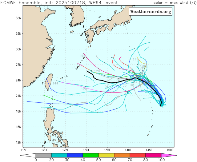 유럽중기예보센터(ECMWF) 앙상블(Ensemble) 모델 94W 열대요란(22호 태풍 할롱 발달 가능성) 예상경로