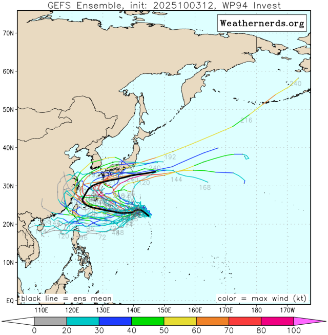 다중앙상블(GEFS) 모델 94W 열대요란(22호 태풍 할롱 발달 가능성) 예상경로