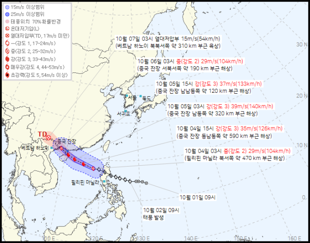 기상청 4일 오전 4시 발표 21호 태풍 마트모 예상경로