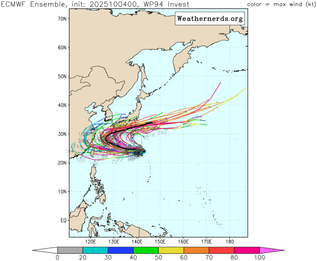 유럽중기예보센터(ECMWF) 앙상블(Ensemble) 모델 94W 열대요란(22호 태풍 할롱 발달 전망) 예상경로