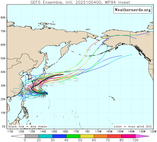 다중앙상블(GEFS) 모델 94W 열대요란(22호 태풍 할롱 발달 전망) 예상경로