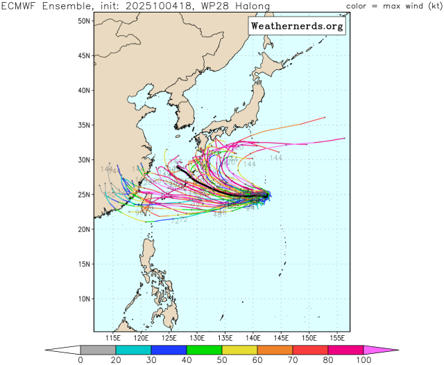유럽중기예보센터(ECMWF) 앙상블(Ensemble) 모델 22호 태풍 할롱 예상경로