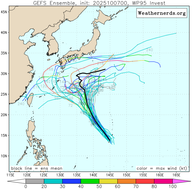 다중앙상블(GEFS) 모델 감시 95W 열대요란(23호 태풍 나크리 발달 가능성) 예상경로