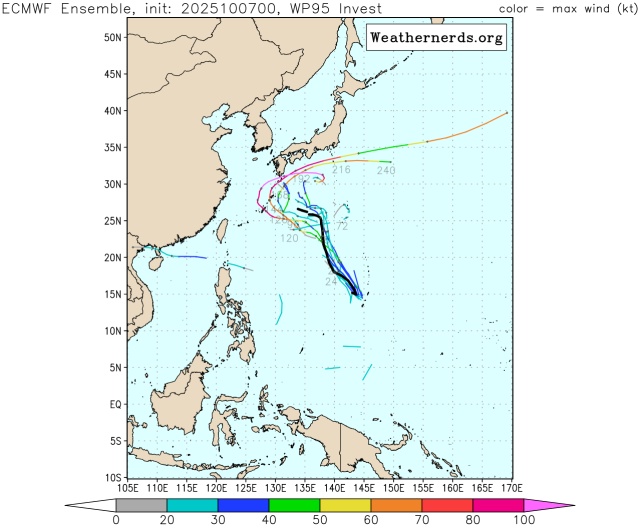 유럽중기예보센터(ECMWF) 앙상블(Ensemble) 모델 감시 95W 열대요란(23호 태풍 나크리 발달 가능성) 예상경로