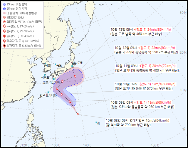 기상청 8일 오전 11시 발표 47호 열대저압부(23호 태풍 나크리 발달 전망) 예상경로