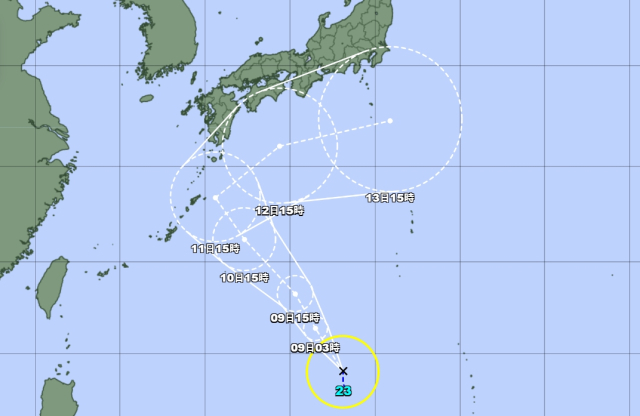 일본기상청 8일 오후 3시 발표 23호 태풍 나크리 예상경로