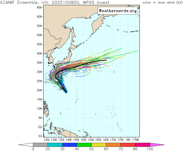 유럽중기예보센터(ECMWF) 앙상블(Ensemble) 모델 23호 태풍 나크리 예상경로