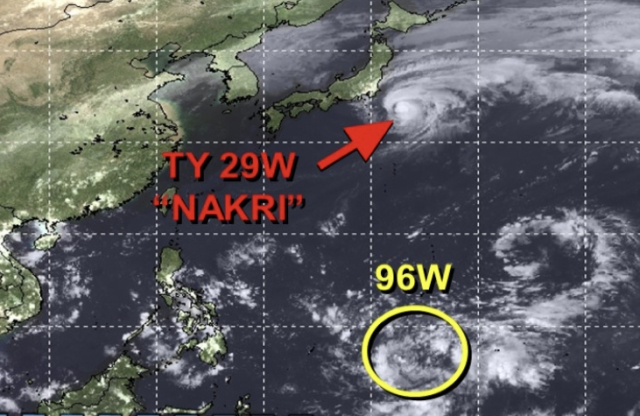 미국 합동태풍경보센터(JTWC, Joint Typhoon Warning Center) 감시 96W 열대요란(오른쪽 아래 노란 원, 24호 태풍 펑선 발달 가능성). 상단 빨간 화살표는 23호 태풍 나크리. JTWC 홈페이지