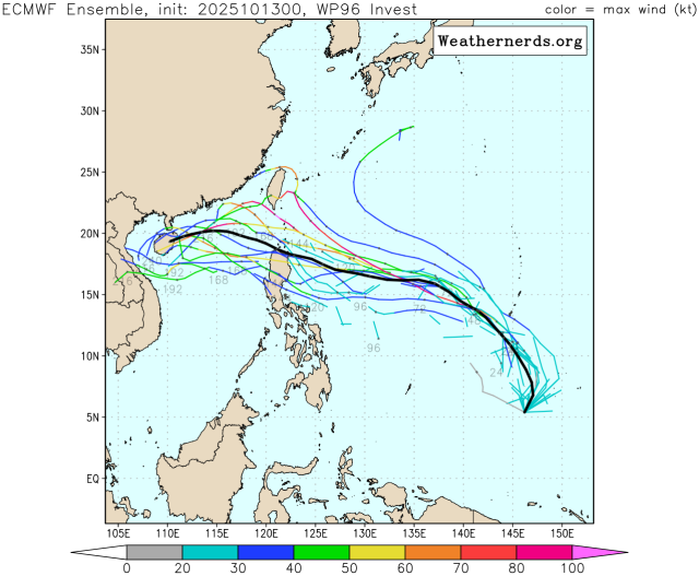 유럽중기예보센터(ECMWF) 앙상블(Ensemble) 모델 96W 열대요란(24호 태풍 펑선 발달 가능성) 예상경로