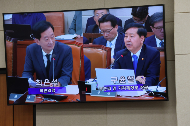 최은석 국민의힘 의원(대구 동구군위군갑)이 13일 국회 기획재정위원회 국정감사에서 구윤철 부총리 겸 기획재정부 장관에게 질의를 이어가고 있다. 최은석 의원실 제공